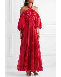 Giambattista Valli Cold Shoulder Pleated Silk Chiffon Halterneck Gown Red