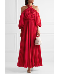 Giambattista Valli Cold Shoulder Pleated Silk Chiffon Halterneck Gown Red