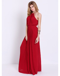 Wine Red Evening Sleeveless Halterneck Pleated Infinity Maxi Dress