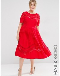 Red Pleated Lace Midi Dress