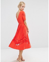 Asos Premium Pleated Midi Dress With Lace Inserts
