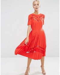 Asos Premium Pleated Midi Dress With Lace Inserts