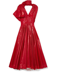 Red Pleated Leather Midi Dress