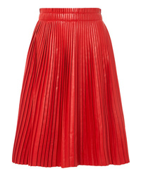 Red Pleated Leather Midi Skirt