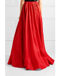 Reem Acra Pleated Silk Gazar Maxi Skirt Red