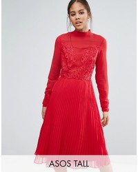 Asos Tall Asos Tall High Neck And Lace Insert Pleated Midi Dress