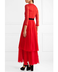 Gucci Crystal Embellished Pleated Silk Chiffon Midi Dress Red