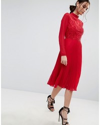 Asos High Neck And Lace Insert Pleated Midi Dress