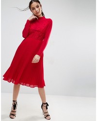 Asos High Neck And Lace Insert Pleated Midi Dress