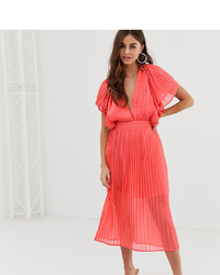 PrettyLittleThing Pleated Midi Dress With Open Back In Coral