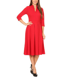 Red Pleated Mock Neck Midi Dress