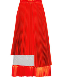 Toga Tulle Paneled Pleated Satin Midi Skirt Red