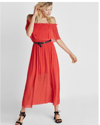 Red Pleated Off Shoulder Dress