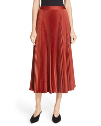 Red Pleated Satin Midi Skirt