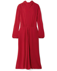 Red Pleated Silk Midi Dress