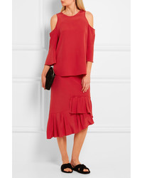 Tibi Asymmetric Pleated Silk Midi Skirt Red