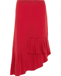 Tibi Asymmetric Pleated Silk Midi Skirt Red