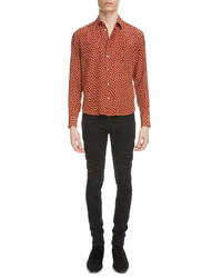 Saint Laurent Fawn Polka Dot Long Sleeve Silk Button Up Shirt