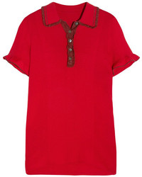 ALEXACHUNG Ruffle Trimmed Ribbed Stretch Knit Polo Shirt Red