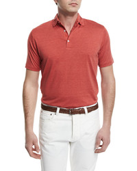 Isaia Short Sleeve Silk Blend Polo Shirt Red