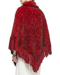 Belle Fare Knitted Mink Fur Fringe Poncho Red