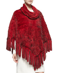 Belle Fare Knitted Mink Fur Fringe Poncho Red