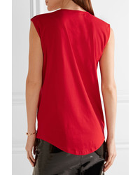 Balmain Button Embellished Printed Cotton Jersey Top Red