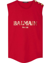 Balmain Button Embellished Printed Cotton Jersey Top Red