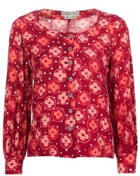 Red Print Button Down Blouse