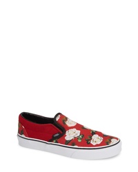 Red Print Canvas Slip-on Sneakers