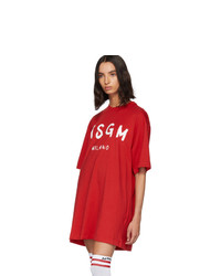 MSGM Red Paint Brushed Logo T Shirt Dress