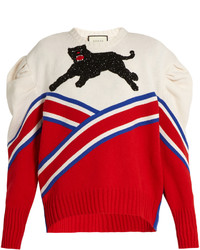 Gucci Panther Appliqu Pleated Shoulder Wool Sweater