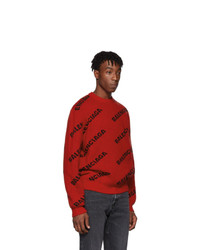 Balenciaga Red And Black Wool All Over Logo Sweater