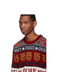 Gucci Red And White Wool Jacquard Symbols Sweater