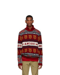 Gucci Red And White Wool Jacquard Symbols Sweater
