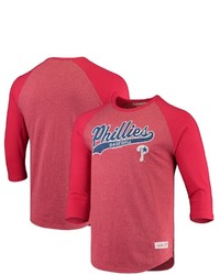 Mitchell & Ness Heathered Red Philadelphia Phillies Sweeper Raglan 34 Sleeve T Shirt