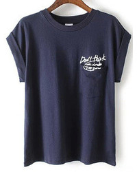 Letter Print Cuffed Navy T Shirt With Pocket