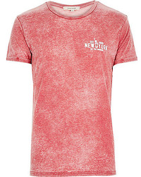 River Island Red Acid Wash New York Print T Shirt
