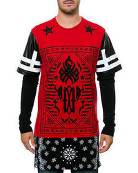 Square Zero Bandana With Aztec Artwork Printed Extra Long T Shirt With Double Layer Faux Leather Sleeve