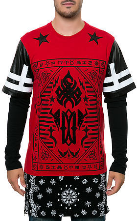 Zero Bandana With Aztec Artwork Printed Long T Shirt With Double Layer Faux Leather Sleeve, $74 | Karmaloop | Lookastic