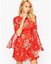 Asos Fluted Sleeve Dress With V Back In Red Daisy Print