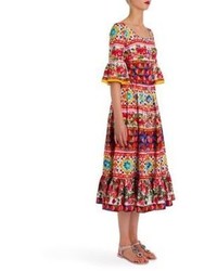 Dolce & Gabbana Printed Poplin Bell Sleeve Button Front Dress