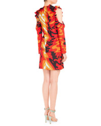 Mary Katrantzou Psychedelic Print Ruffled Cold Shoulder Dress Red Waves