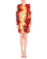 Mary Katrantzou Psychedelic Print Ruffled Cold Shoulder Dress Red Waves