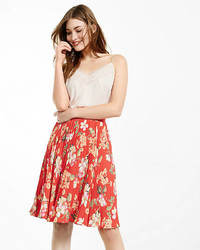 Express Red Floral Print High Waisted Pleated Midi Skirt