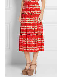 Gucci Pleated Printed Silk Midi Skirt Red