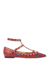 Valentino The Rockstud Printed Leather Point Toe Flats Red