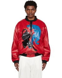 Red Print Leather Bomber Jacket