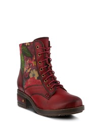 Red Print Leather Lace-up Flat Boots