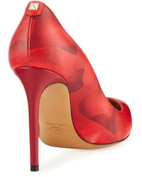 Valentino Heart Print Leather Pump Red
